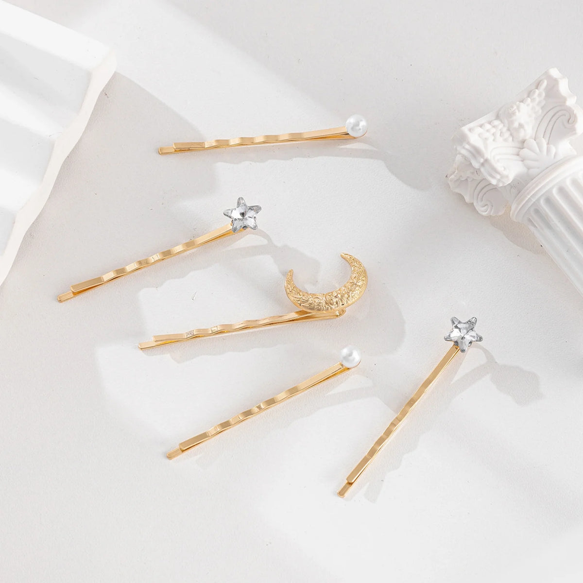 8-Pack Celestial Moon Star Faux Pearl Hair Pins – Gold Tone Hair Barrettes Set SWANS