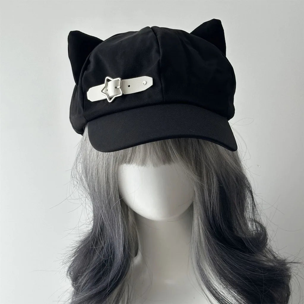 Y2K Cat Ear Peaked Beret – Cute Cotton Hat for Women Beret Hat SWANS White Star