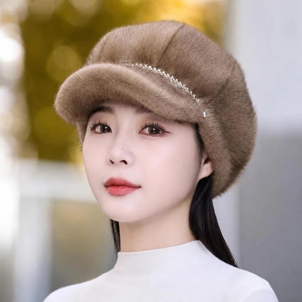 Faux Mink Fur Newsboy Beret – Rhinestone Strap Women's Winter Hat Faux Fur Beret SWANS