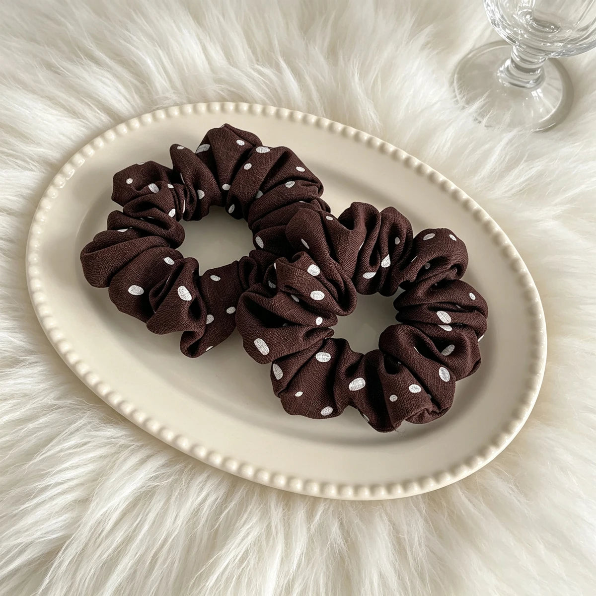 Vintage Polka Dot Linen Scrunchie – Retro Hair Band for Women Hair Scrunchie SWANS
