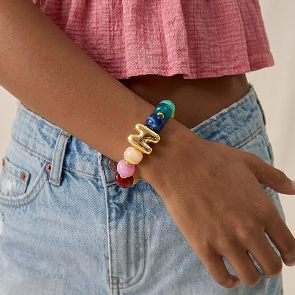 Resin Bead Initial Charm Bracelet – Multicolor Women's A-Z Charm Bracelet SWANS