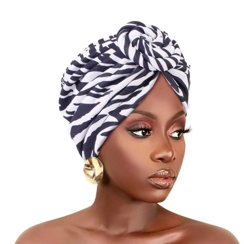 African Print Hijab Cap – Pleated Knotted Head Wrap | All Seasons Hijab Head Wrap SWANS 13