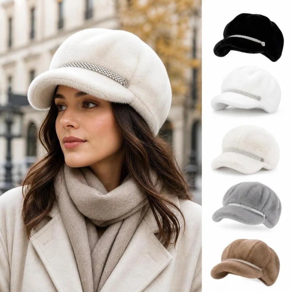 Faux Mink Fur Newsboy Beret – Rhinestone Strap Women's Winter Hat Faux Fur Beret SWANS