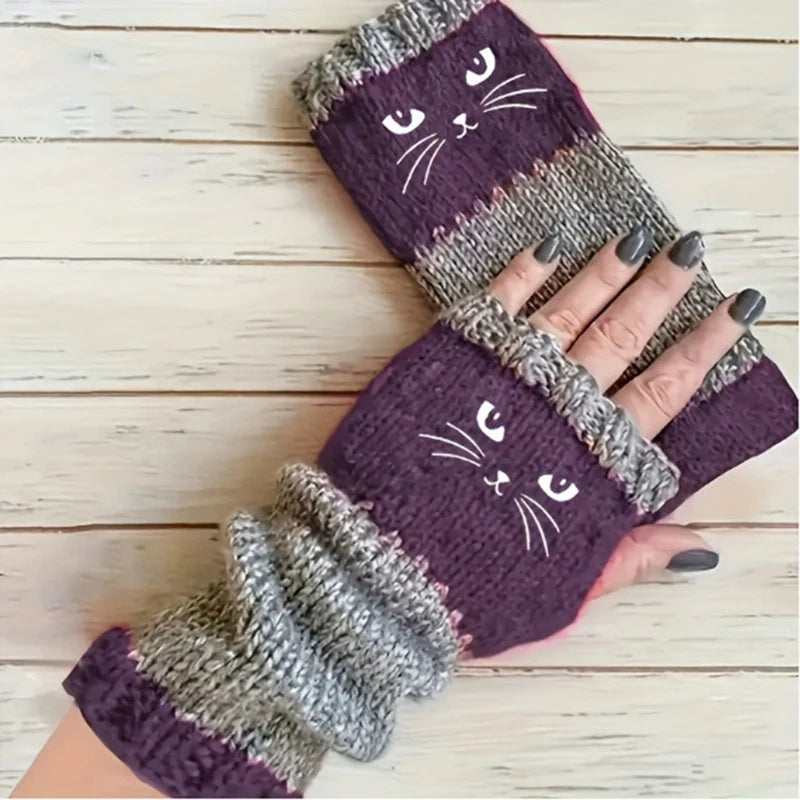 Cute Cat Fingerless Gloves – Thermal Touchscreen Mittens Fingerless Winter Gloves SWANS Purple