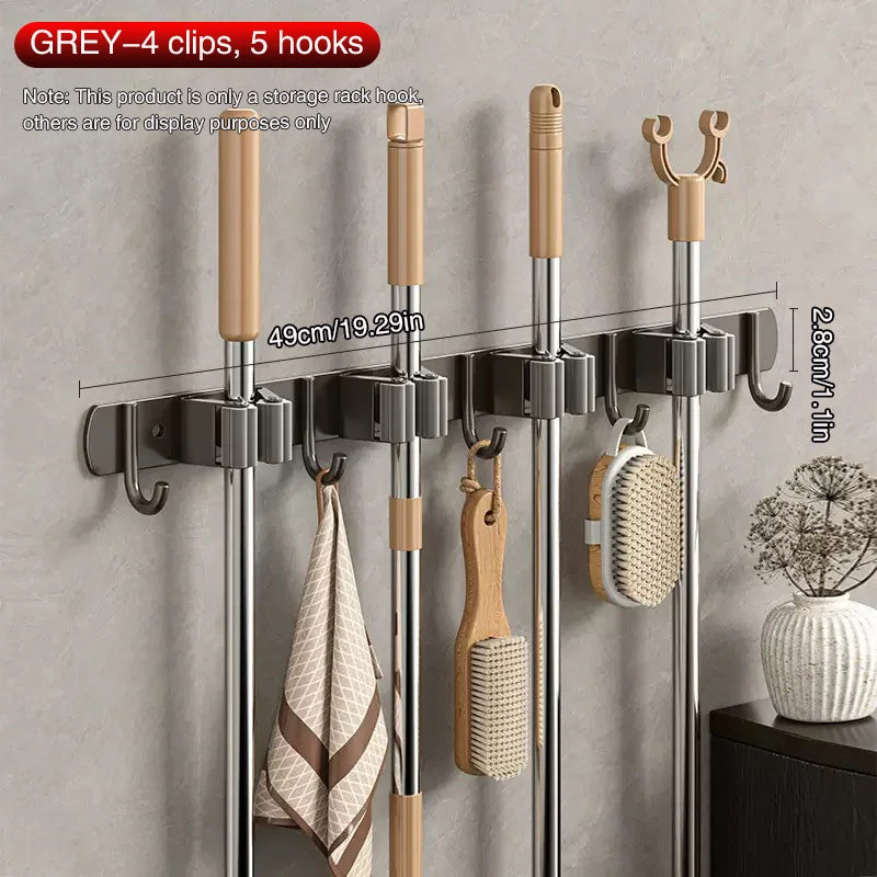 SWANS No-Drill Stainless Steel Mop & Broom Wall Organizer Wall Broom Organizer SWANS 4 clip 5 hooks GREY M