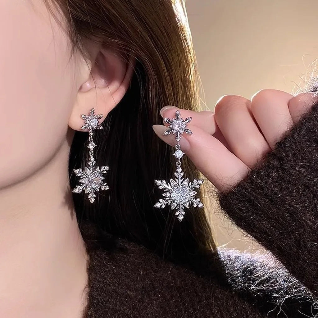 Double Snowflake Dangle Earrings – Hypoallergenic CZ Drop Dangle Earrings SWANS Silver