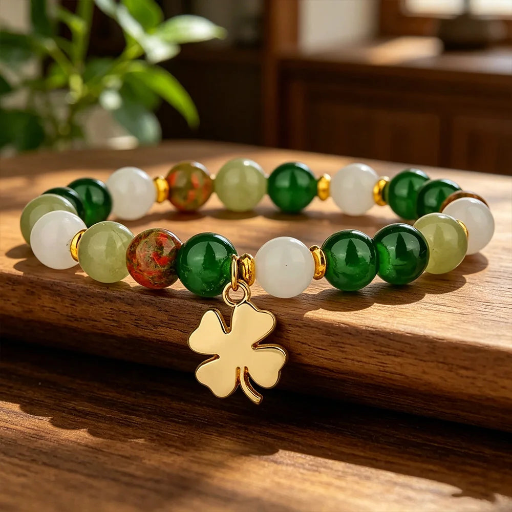 Retro Four Leaf Clover Beaded Bracelet – 8mm Handmade Women Beaded Bracelet SWANS