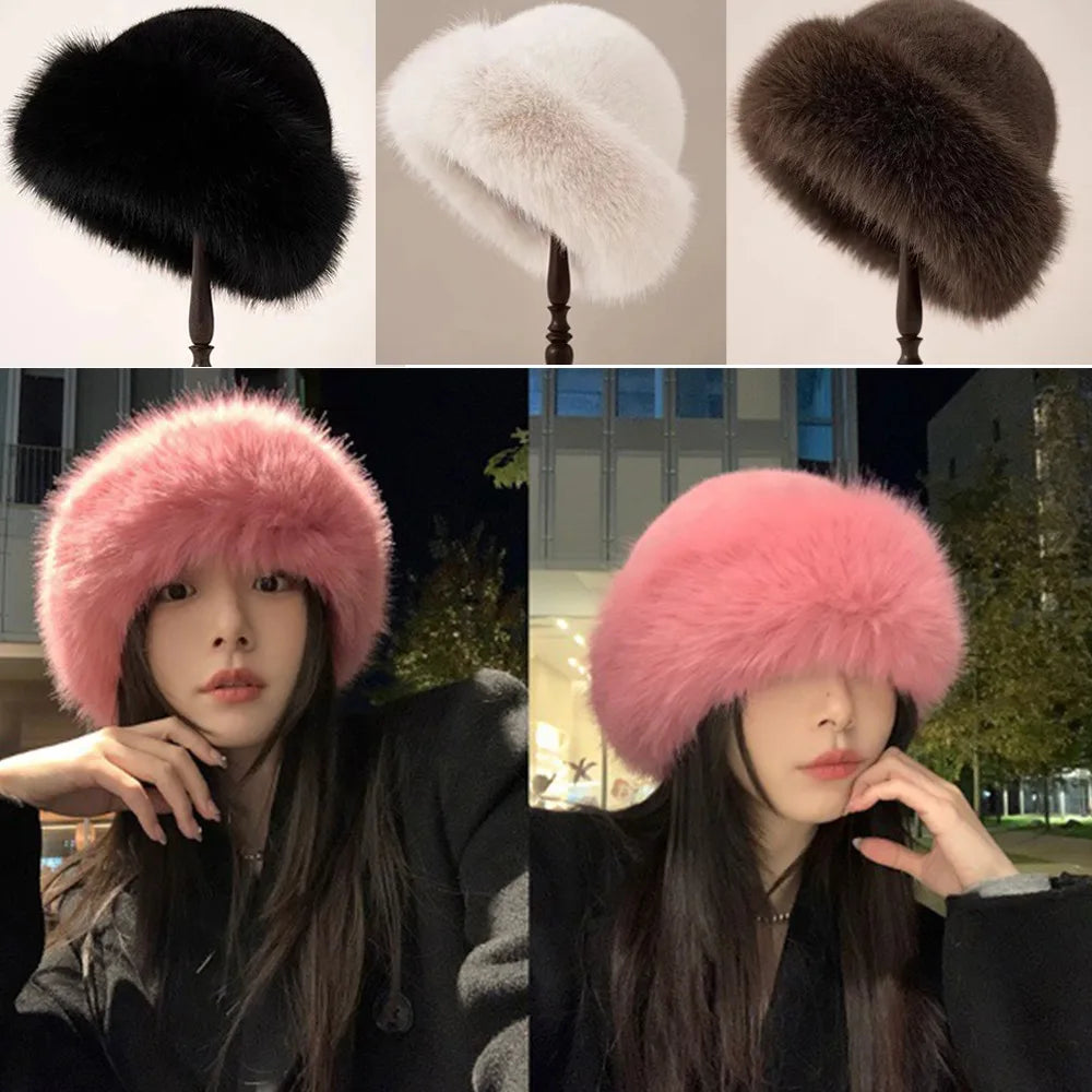 Fluffy Faux Fur Bucket Hat – Warm Windproof Beret Women Winter Bucket Hat SWANS