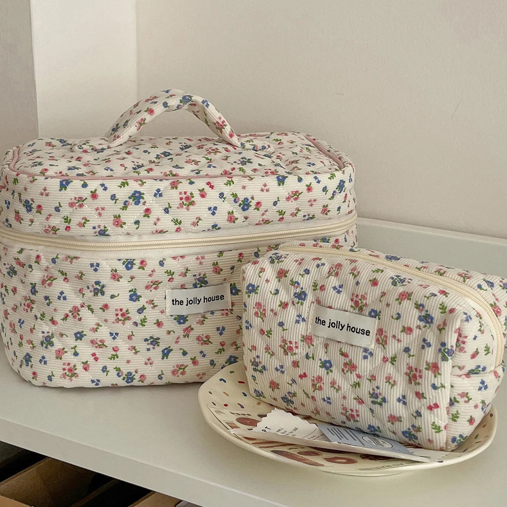 Vintage Floral Quilted Cotton Makeup Bag & Cosmetic Tote Cosmetic Makeup Bag SWANS
