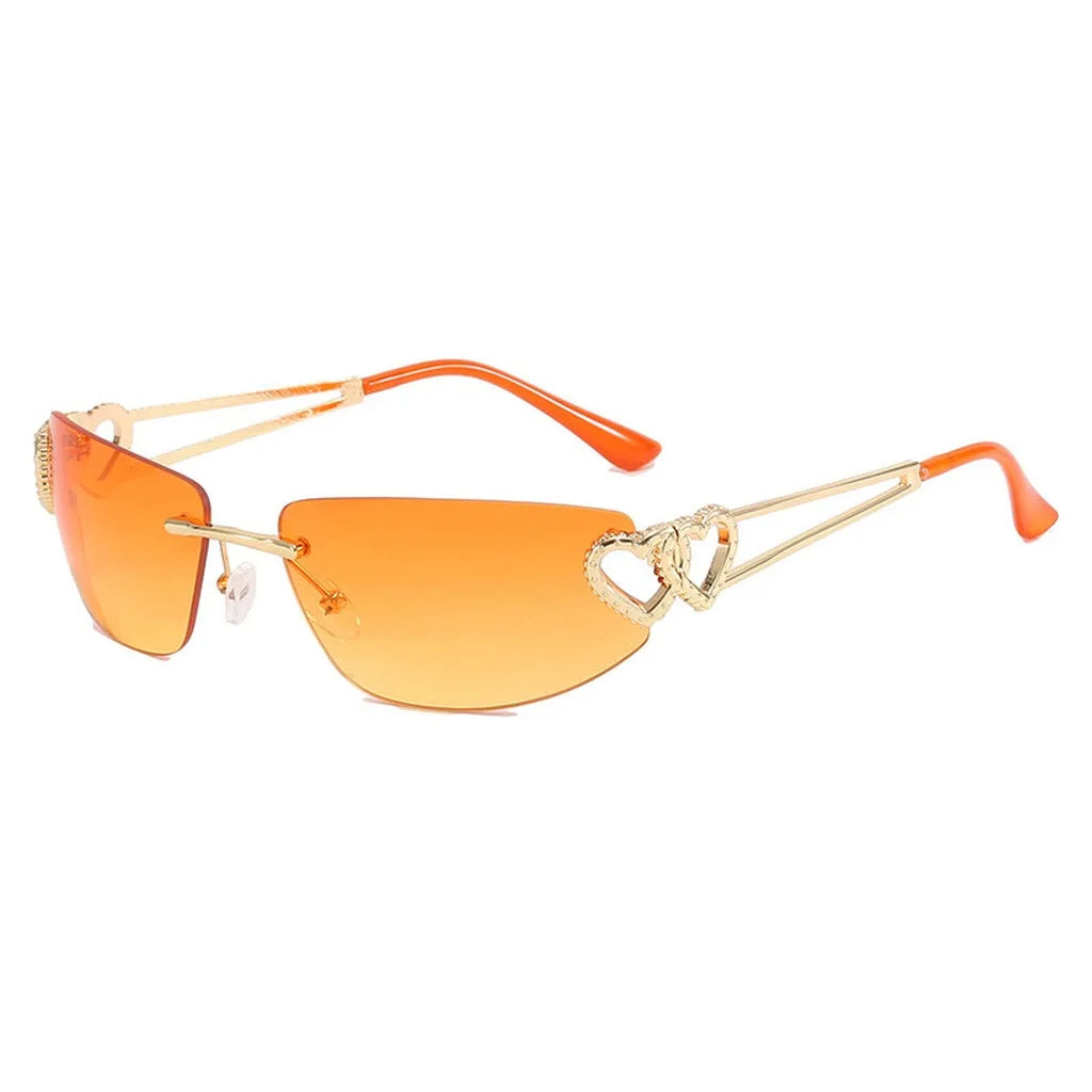 Women's Y2K Rimless Cat Eye Sunglasses UV400 | Heart Detail Fashion Sunglasses SWANS Gold Orange
