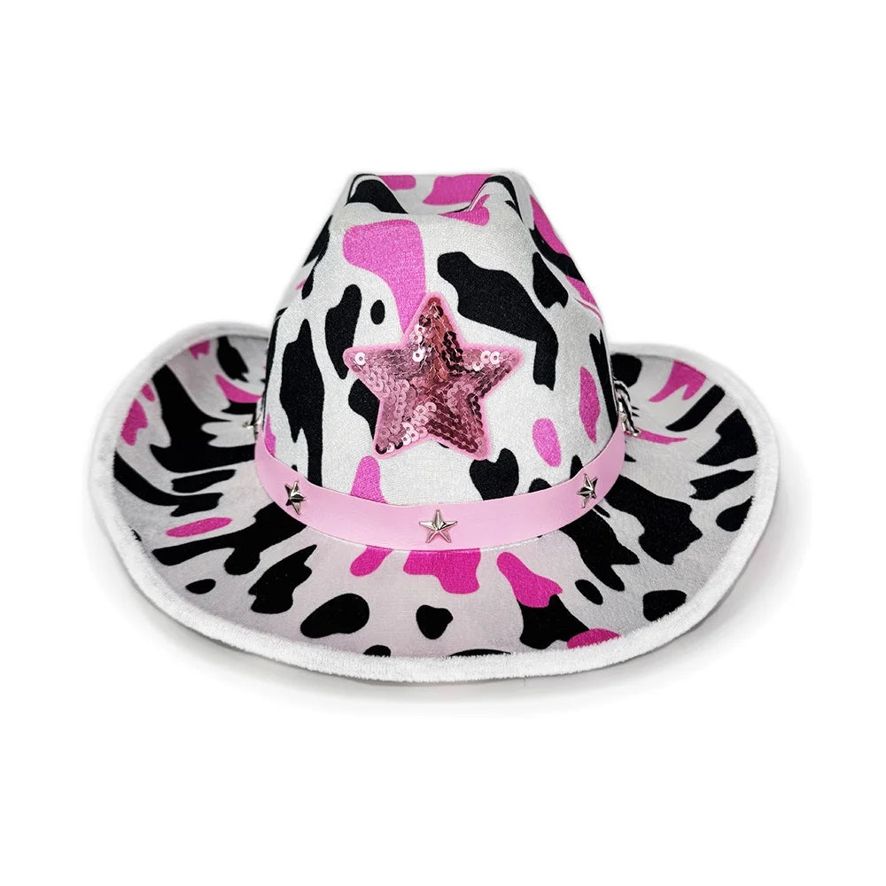 Animal Print Punk Cowboy Hat – Cow Print & Star Rivets Costume Cowboy Hat SWANS Black pink XS（old）