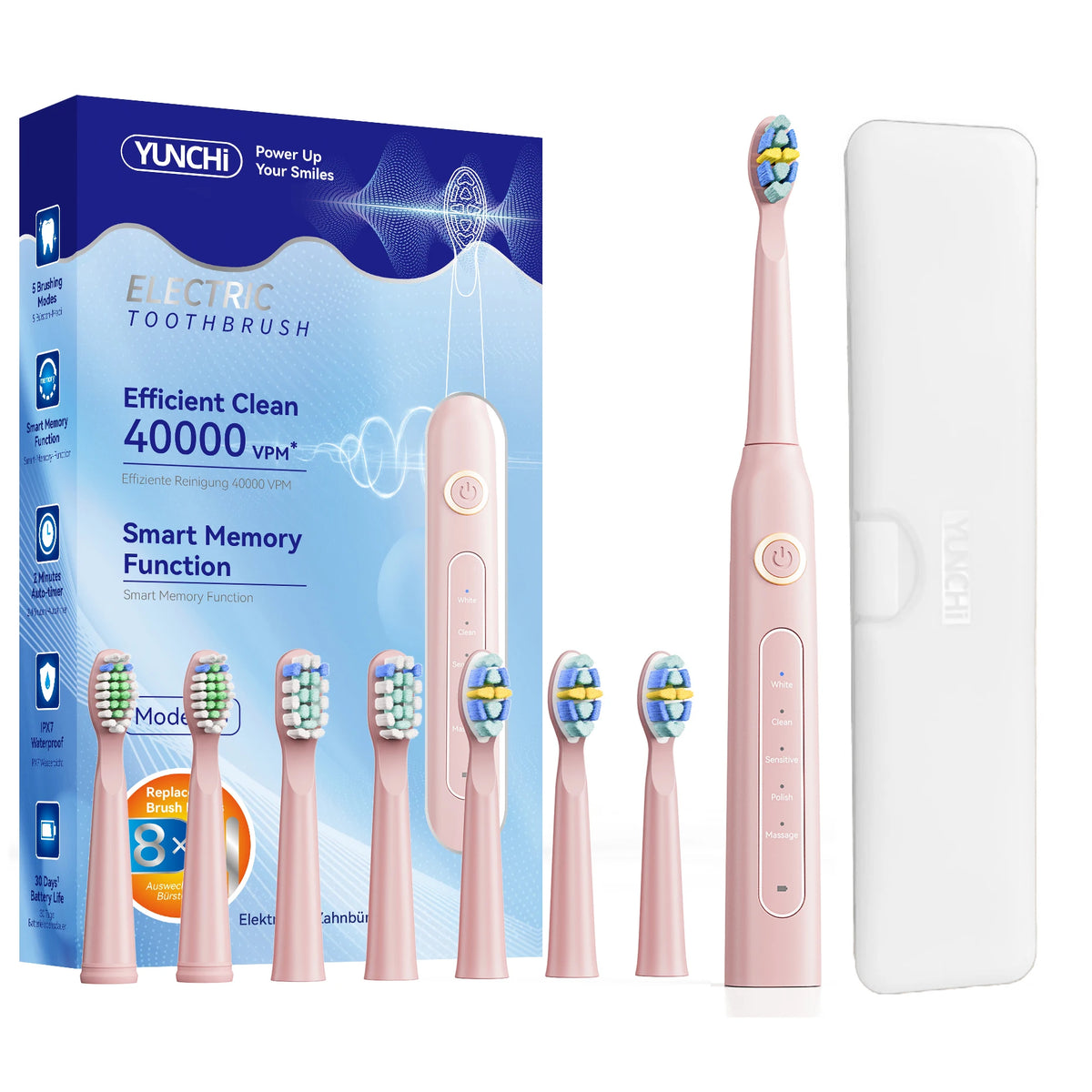 YUNCHi Y5 Sonic Electric Toothbrush 5 Modes & 8 Brush Heads Electric Toothbrush SWANS Pink