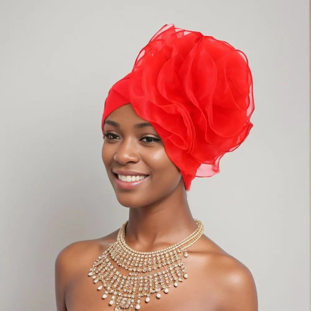 Large Flower Turban Cap – African Head Wrap Beanie Women Turban Beanie Cap SWANS red