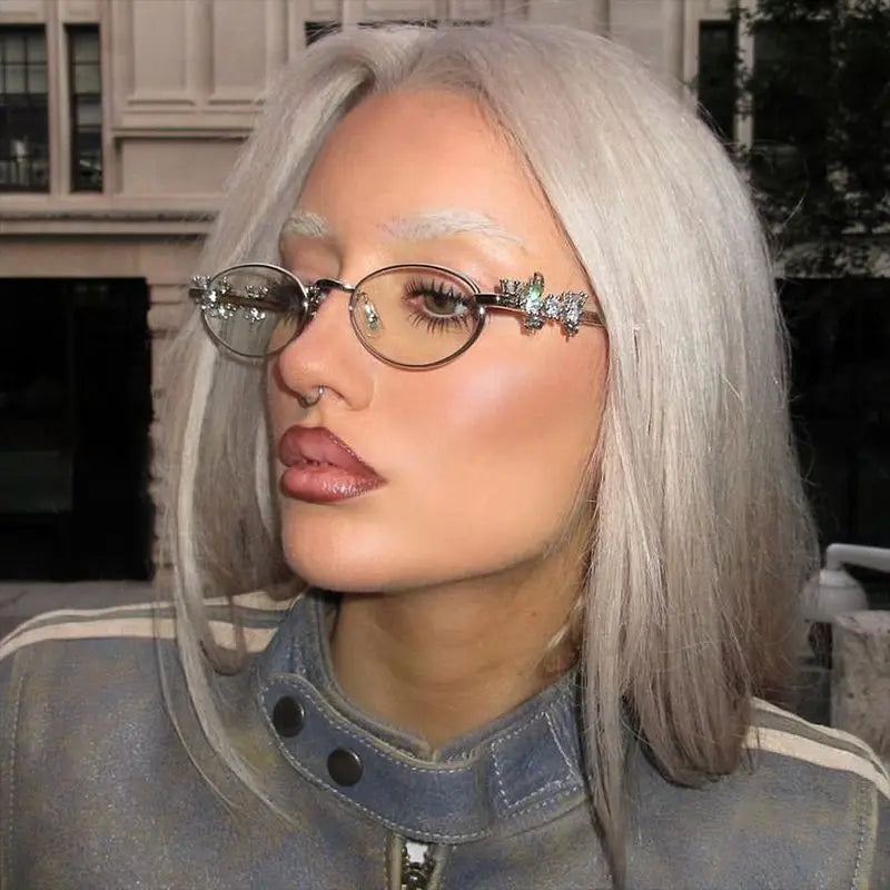 Y2K Vintage Oval Sunglasses Women – UV400 Diamond Metal Frame Fashion Sunglasses SWANS