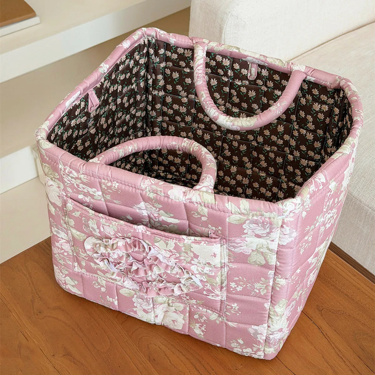 Vintage Flower Foldable Storage Basket with Handle | 2 Sizes Storage Basket SWANS Pink L
