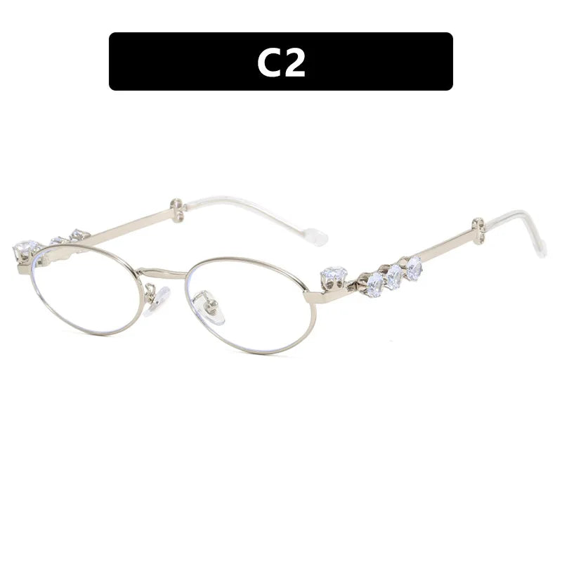 Y2K Vintage Oval Sunglasses Women – UV400 Diamond Metal Frame Fashion Sunglasses SWANS Silver Clear As the photo