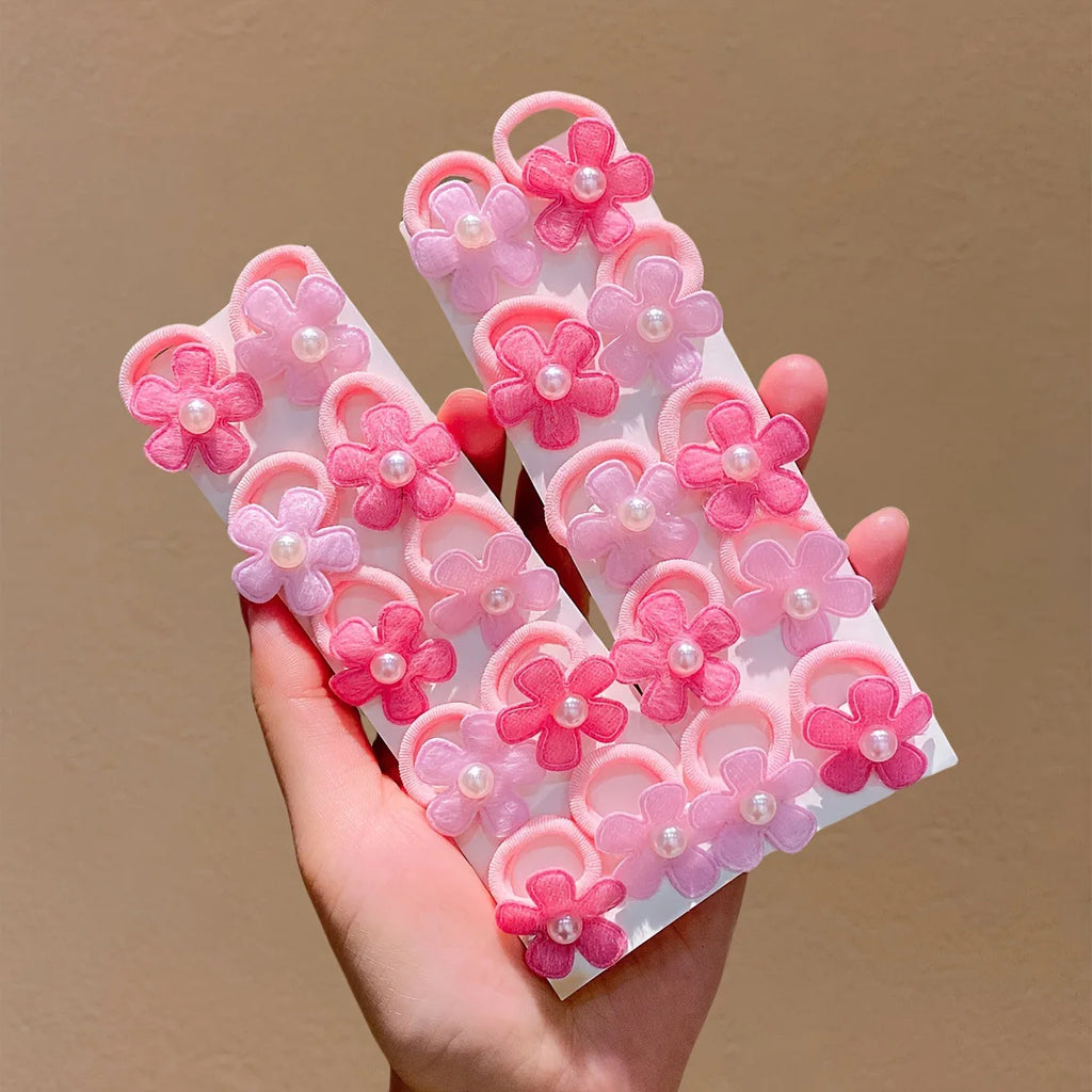 10-Pack Pink Flower Hair Ties with Pearl Decor – Ponytail Holders Floral Hair Ties SWANS