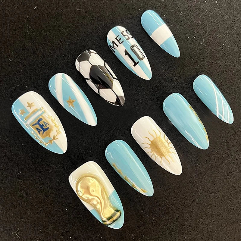 Argentina Flag Almond Press-On Nails – ABS Artificial Nail Set Press-On Nail Set SWANS