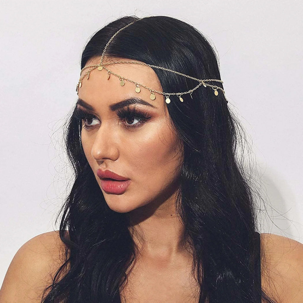 Gold Chain Headpiece with Disc Charms – Boho Hair Accessory Boho Head Chain SWANS
