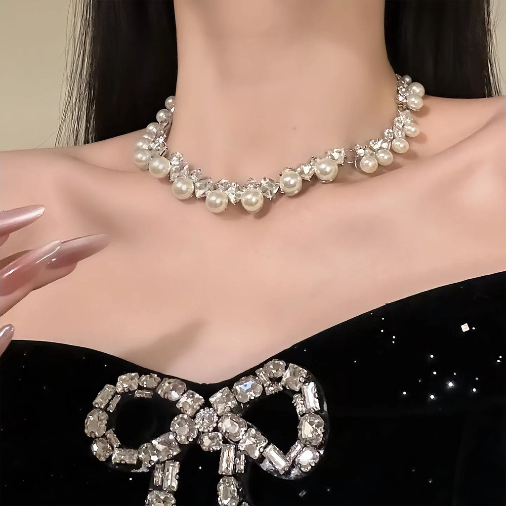 Pearl Rhinestone Necklace & Earrings Set – Wedding Jewelry Jewelry Set SWANS