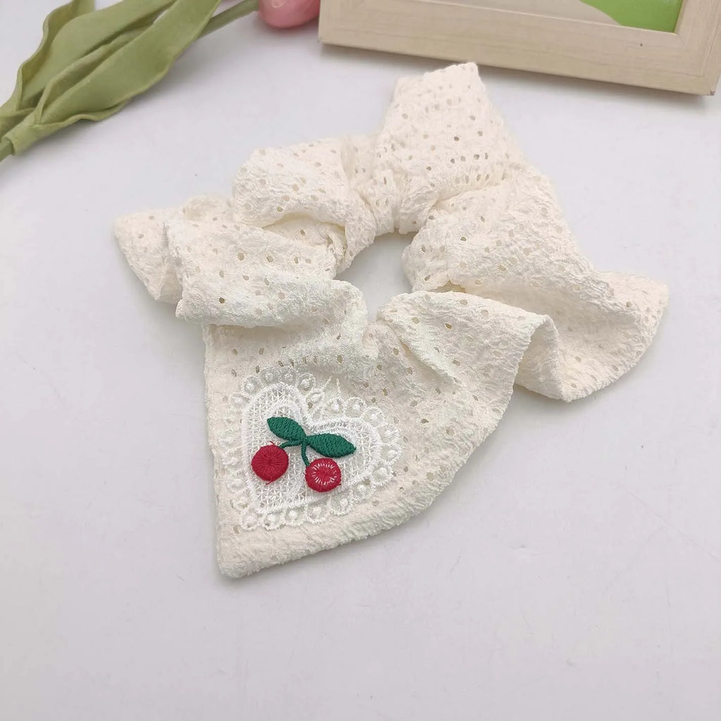 Cherry Print Hollow Fabric Scrunchie Headband & Scarf Hair Accessory Set SWANS