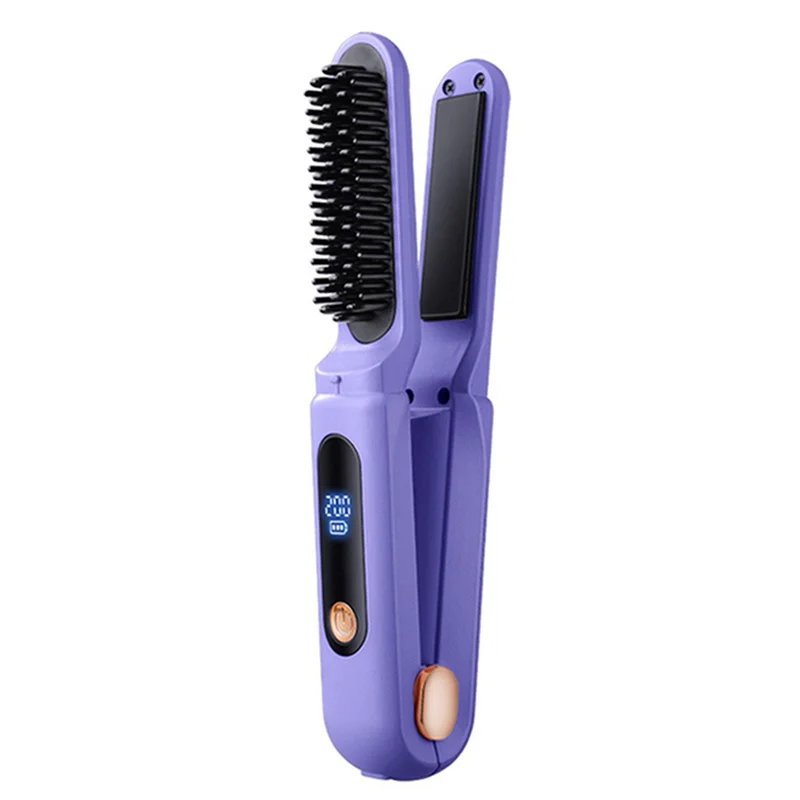 2-in-1 Portable Hair Straightening Brush | Digital Anti-Scald Hair Straightening Brush SWANS Purple NONE