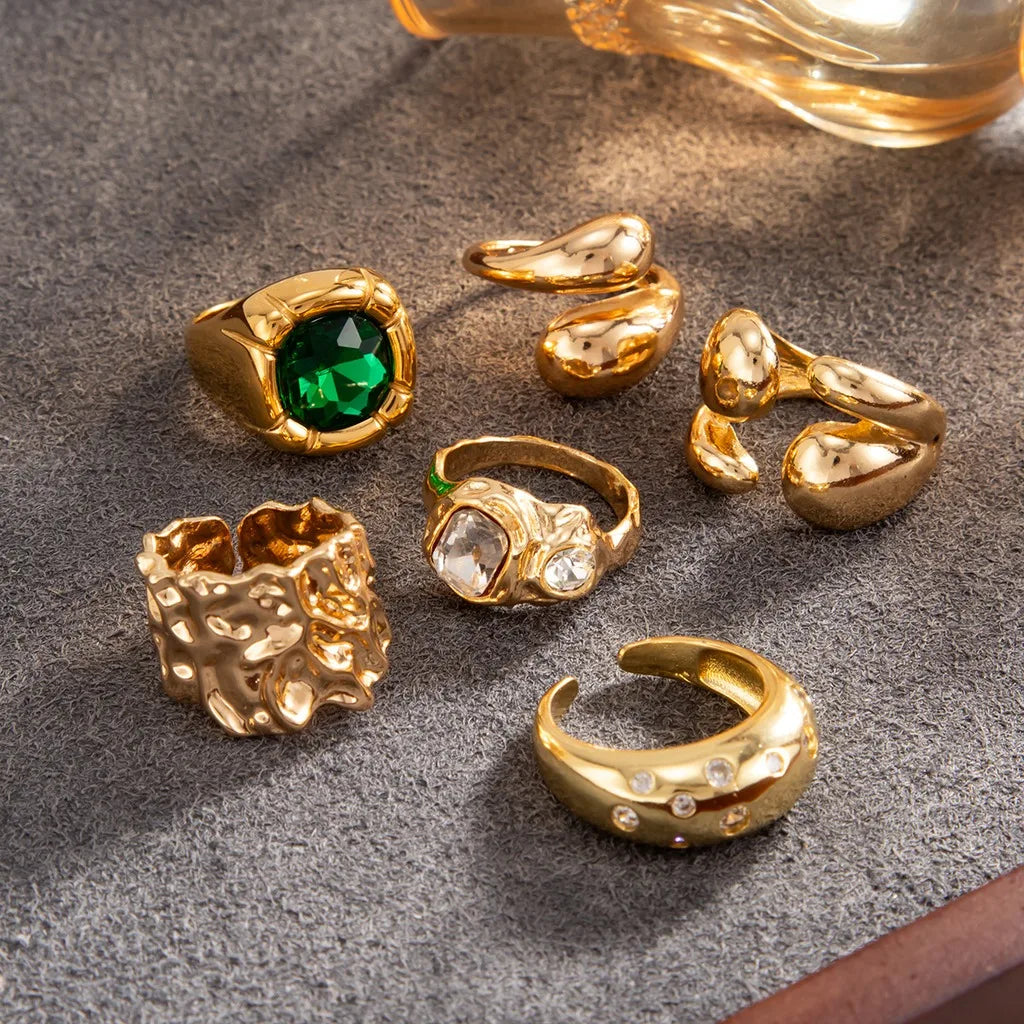 6-Piece Gold Plated Geometric Gemstone Ring Set – Adjustable Fashion Ring Set SWANS