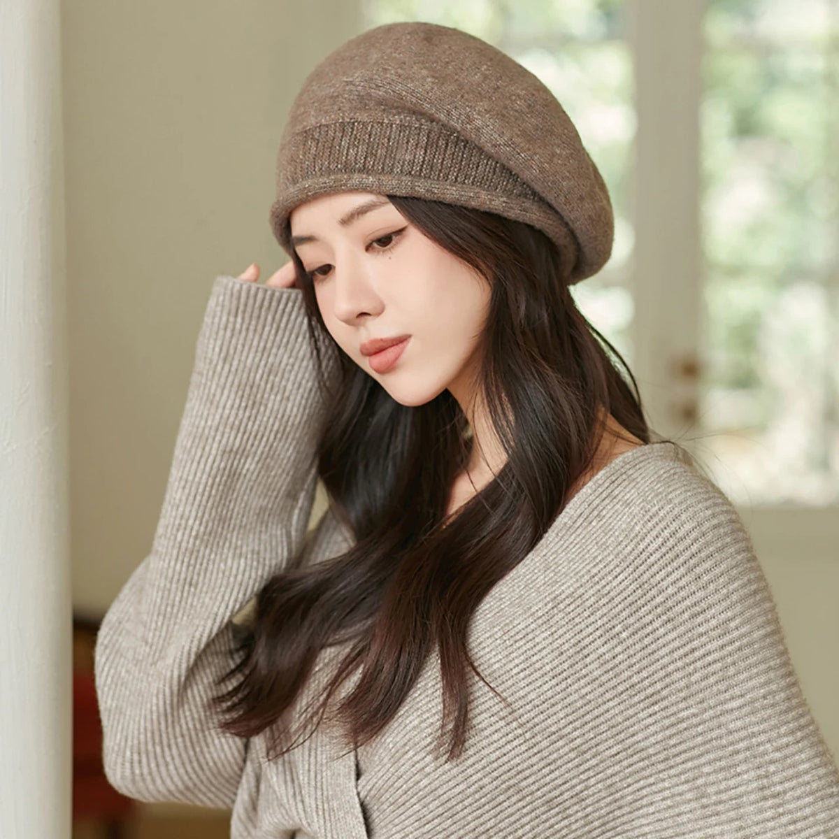 Women's Winter Knit Beret Beanie Hat – Warm Rolled Edge Cap Knit Beanie Hat SWANS