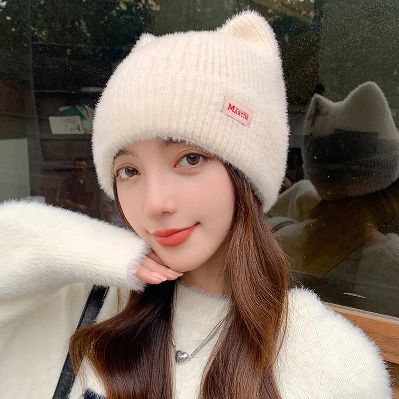 Cat Ears Knitted Beanie – Women's Winter Plush Pullover Hat Knitted Beanie Hat SWANS