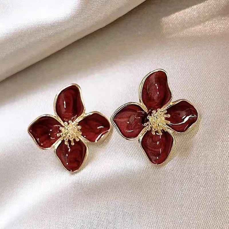 Hibiscus Flower Stud Earrings – Vintage Glaze Fashion Jewelry Stud Earrings SWANS Red