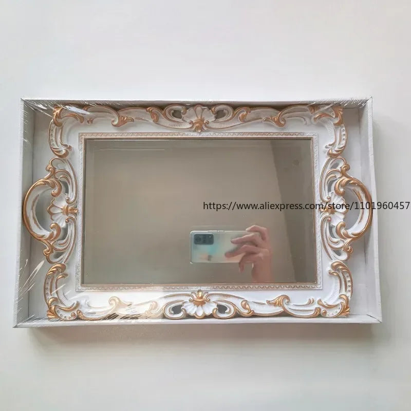 French Retro White Embossed Mirror Tray – Jewelry & Décor Decorative Storage Tray SWANS