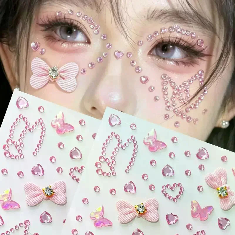 3D Rhinestone Face Jewel Stickers – Glitter Gems & Bow Sheet Face Jewel Stickers SWANS