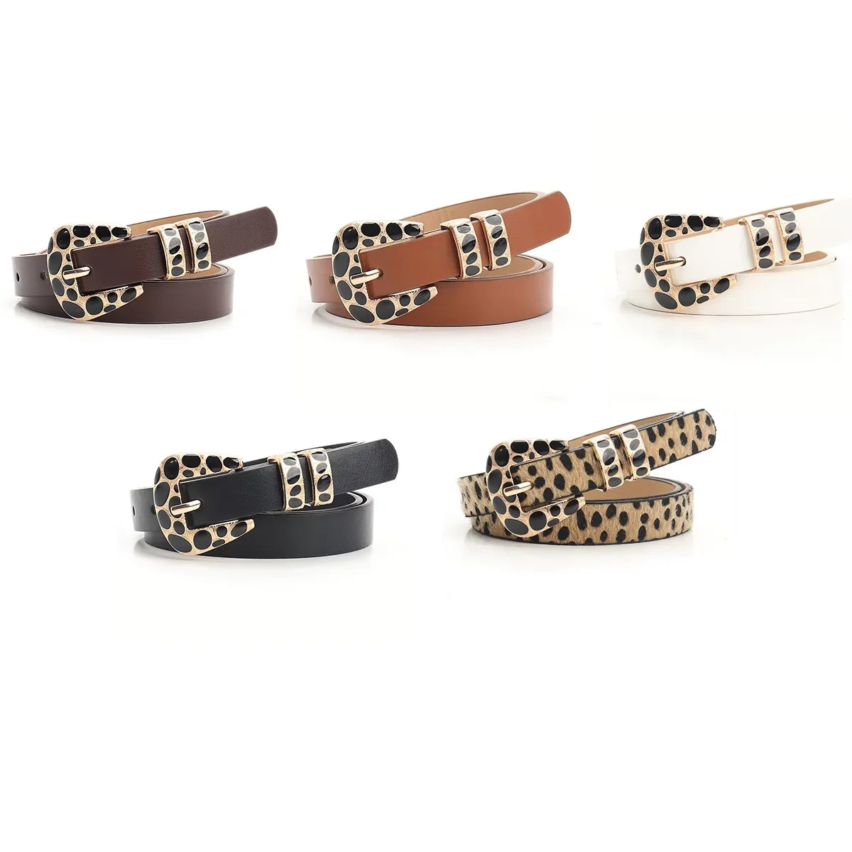 Women's Skinny PU Leather Belt – Leopard Print & Solid Skinny Leather Belt SWANS