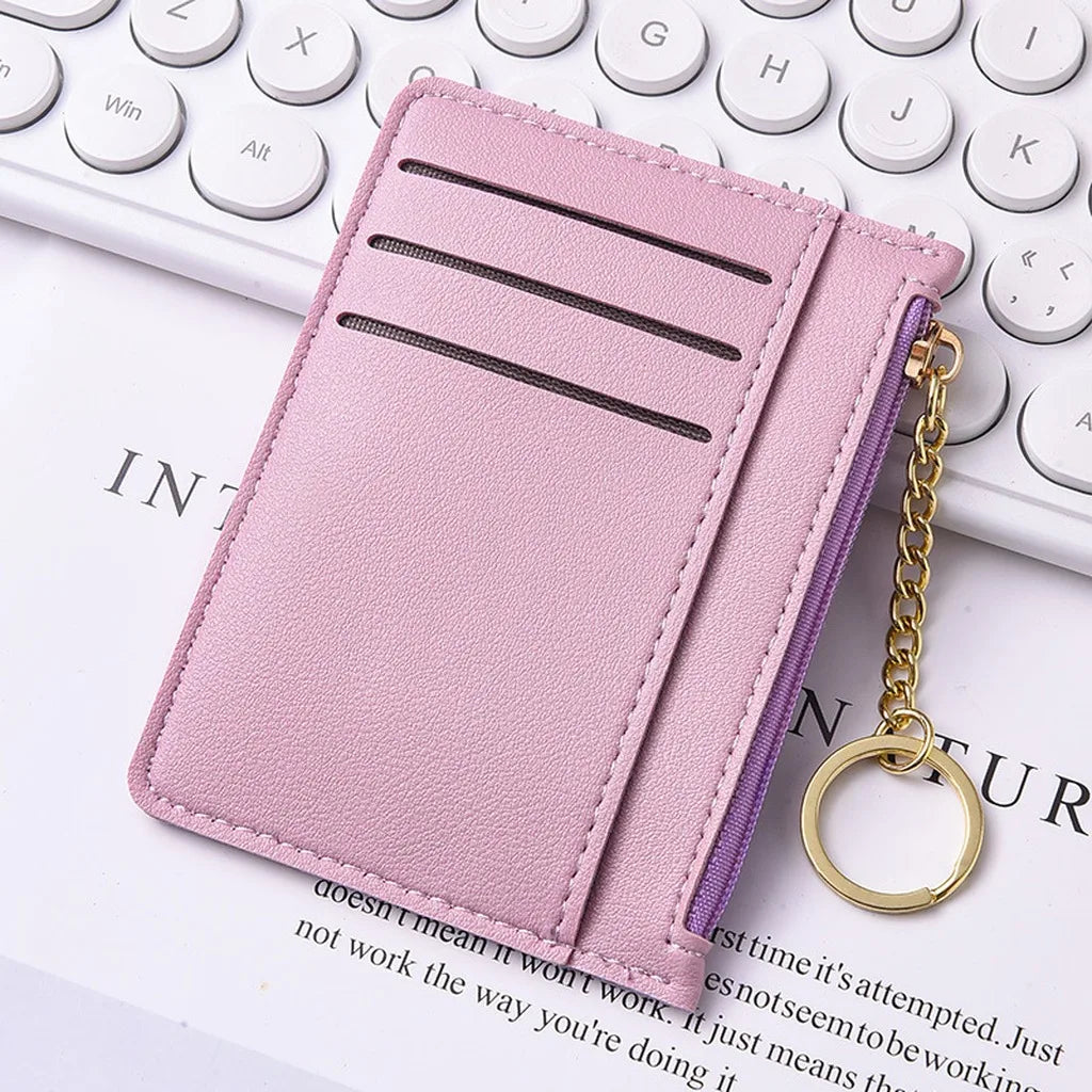 Zippered Card Wallet – Slim PU ID & Card Holder with Keyring Card Wallet Holder SWANS Pink