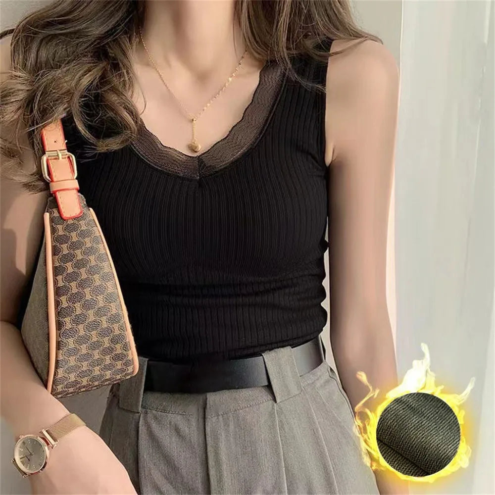 Women's Fleece-Lined Thermal Camisole V-Neck Tank Top Thermal Camisole SWANS Black One Size