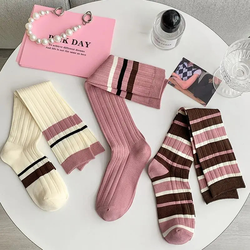 Women's Pink Stripe Knee-High Socks – Cotton Fashion Stockings Knee-High Socks SWANS