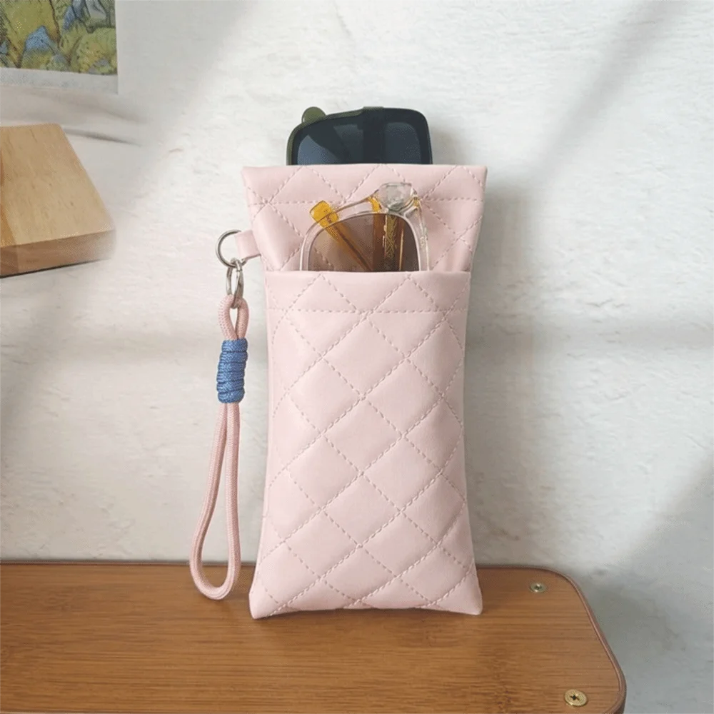 PU Leather Double-Layer Glasses Storage Bag | Grid Pattern Eyeglass Case SWANS Pink