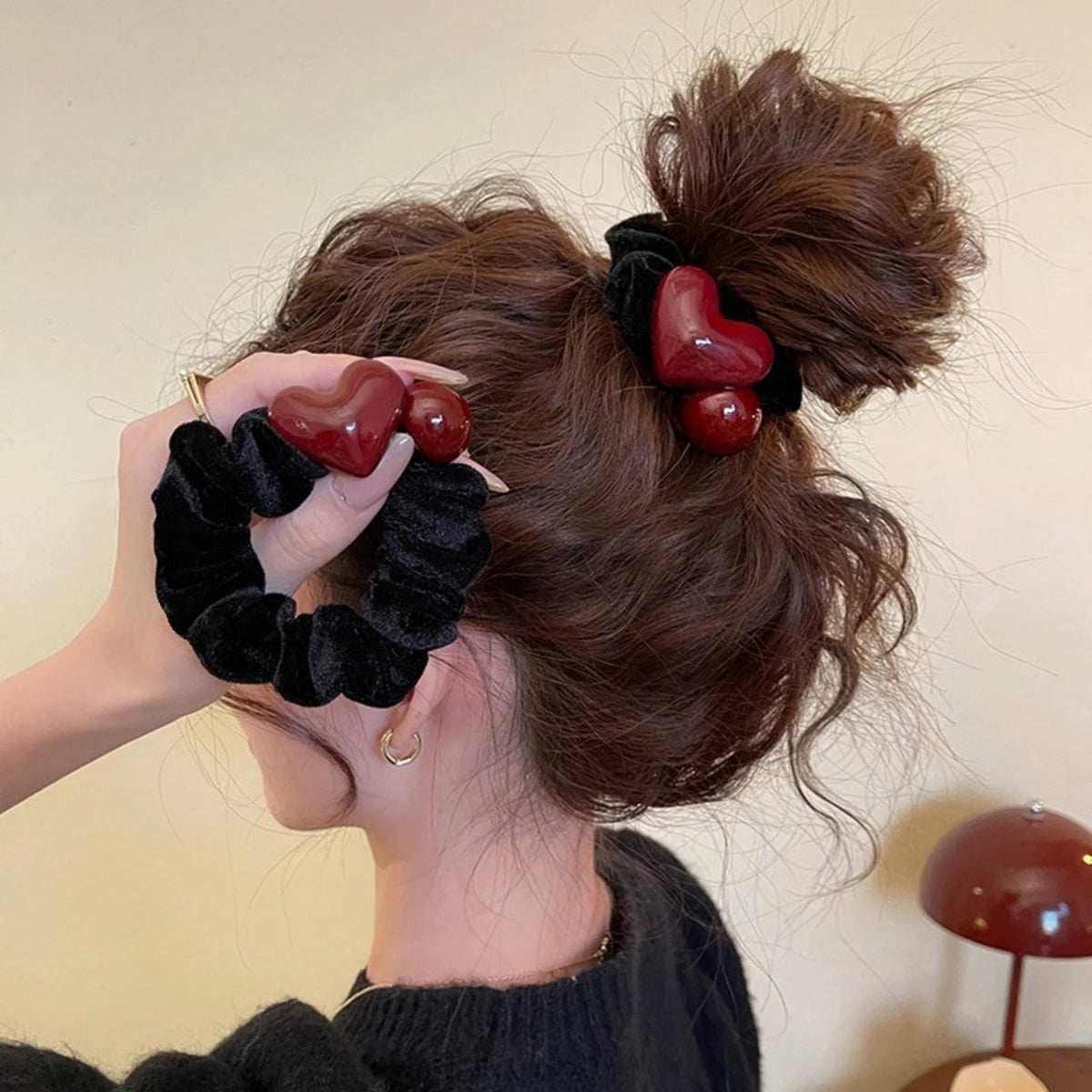 Velvet Heart Scrunchie – Black & Burgundy Retro Hair Tie Velvet Hair Scrunchie SWANS