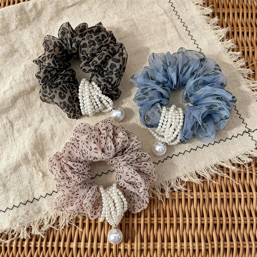 Vintage Leopard Organza Hair Scrunchie – Pearl Bead Tassel Hair Scrunchie SWANS