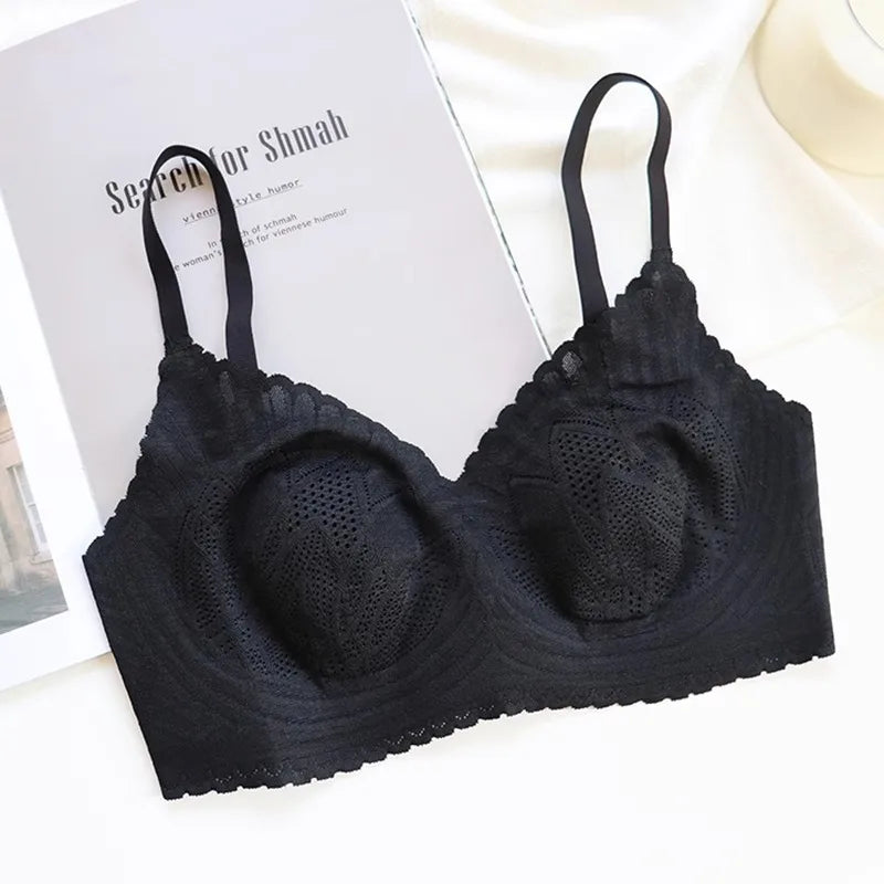 Natural Latex Wireless Lace Bra – Invisible 3/4 Cup Side Support Wireless Lace Bra SWANS Black2-L One Size