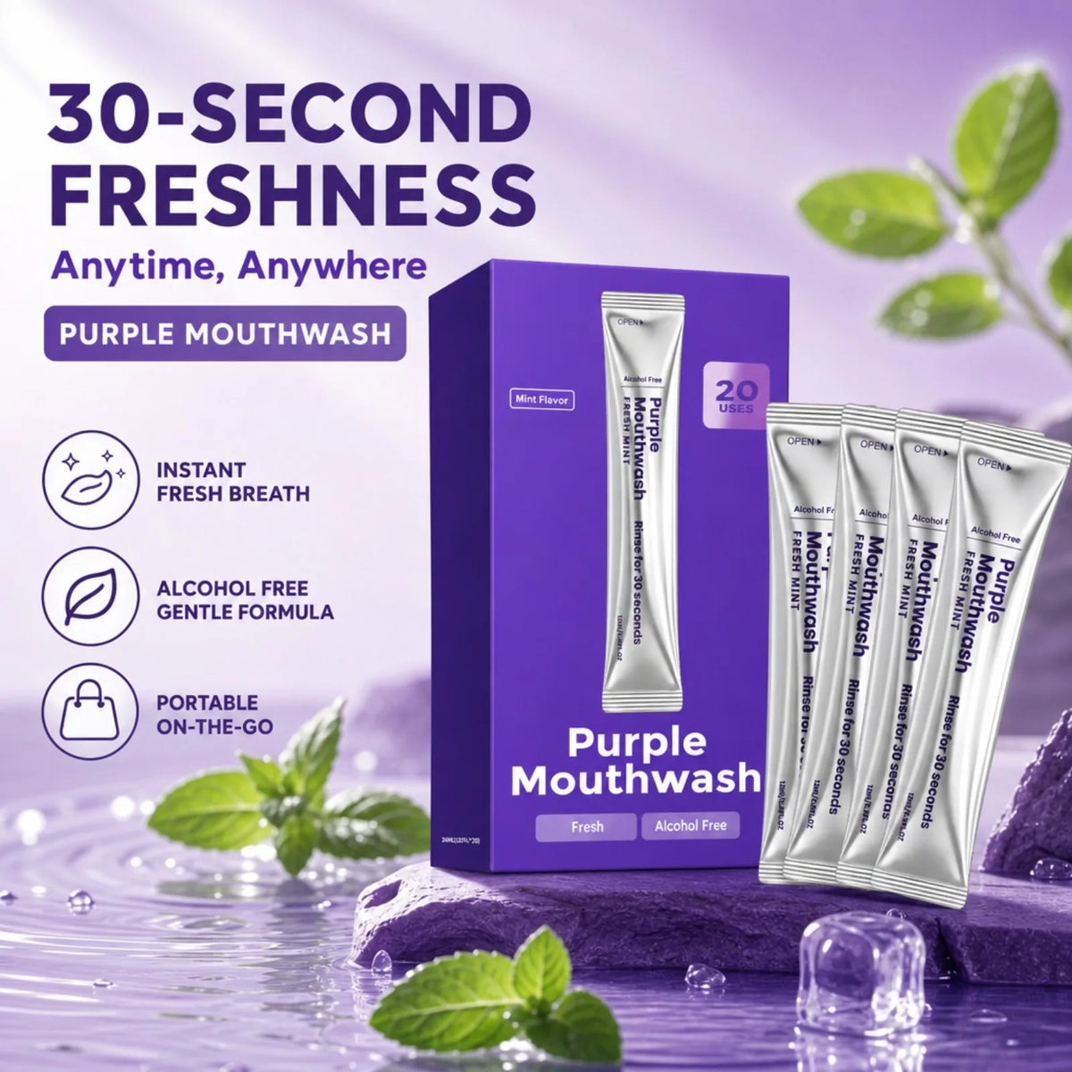 SWANS Portable Mint Mouthwash Strips – 20-Pack, Alcohol-Free Disposable Mouthwash SWANS