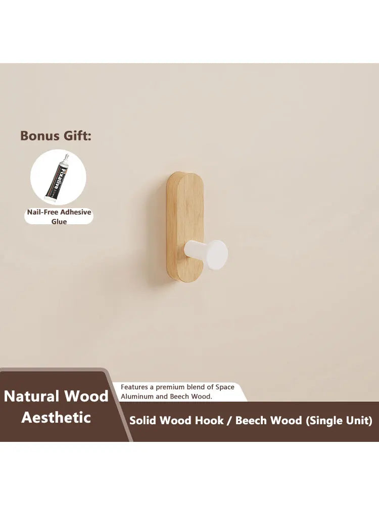 Self-Adhesive Walnut Wood Wall Hooks – No-Drill Organizer Wall Hooks Organizer SWANS White B