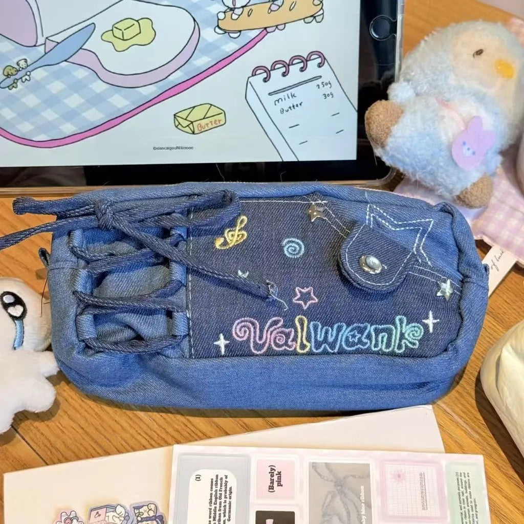 Y2K Ita Pencil Bag – Large Canvas Star Embroidery Pouch Ita Pencil Bag SWANS Dark Blue