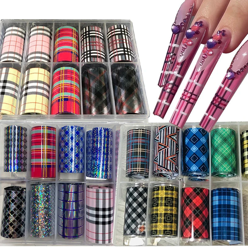10-Roll Pink Plaid Nail Foil Transfer Decals | Manicure Art Nail Foil Decals SWANS
