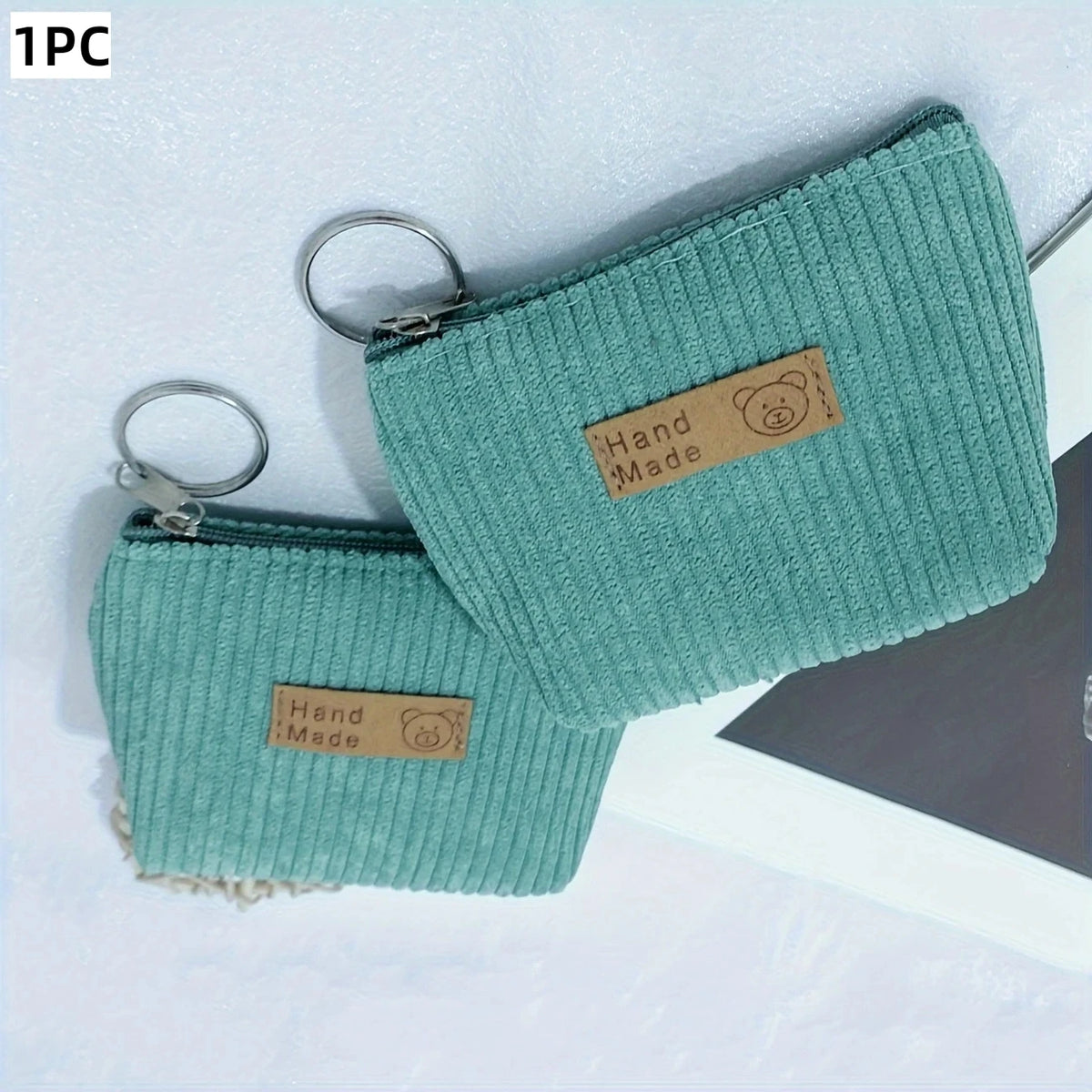 Vintage Corduroy Mini Coin Purse – Zipper Pouch Keychain Wallet Coin Purse SWANS Green