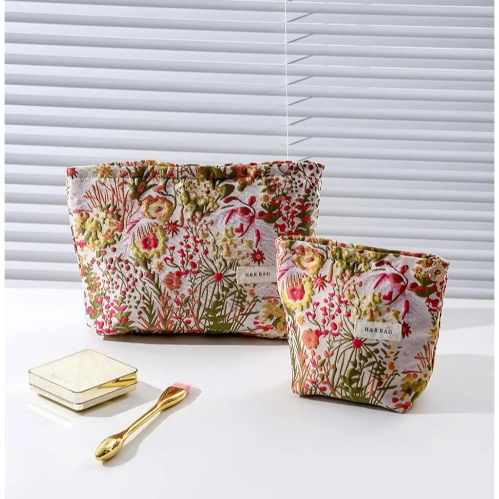 Women's Floral Jacquard Cotton Makeup Bag – 2 Sizes Cosmetic Makeup Bag SWANS