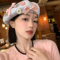 Women's Cotton Beret Hat – Bow Flower Button Octagonal Cap Women's Beret Hat SWANS blue One Size