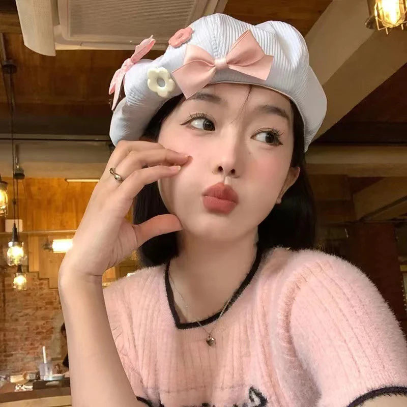 Women's Cotton Beret Hat – Bow Flower Button Octagonal Cap Women's Beret Hat SWANS