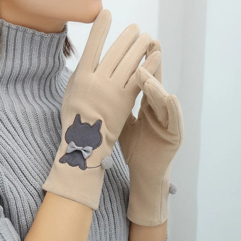 Women's Cartoon Cat Touch Screen Winter Gloves – Windproof Winter Gloves SWANS Beige One Size