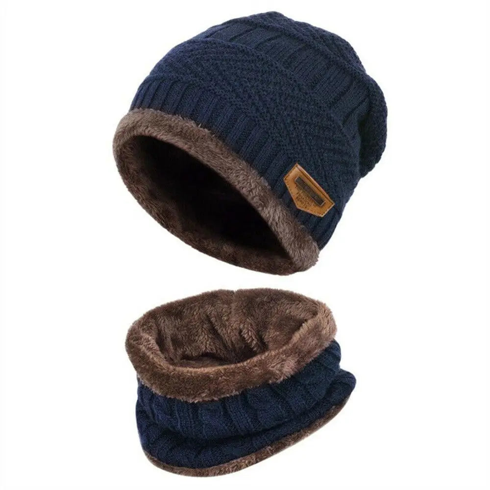 Kids Winter Knit Hat & Neck Warmer Set – Fleece Lined Kids Winter Hat Set SWANS Navy Blue One Size